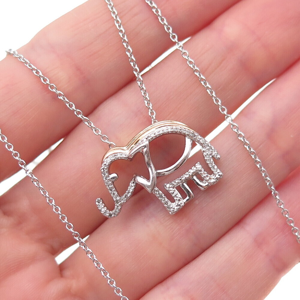 Jane Seymour 925 Sterling Silver 2-Tone Real Diamond Elephant Chain Necklace 18"